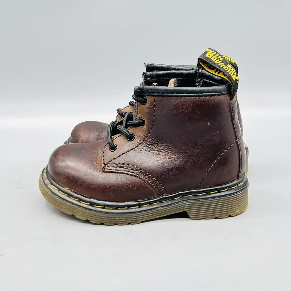 Dr Martens Boots Kids Boys 6 Brown Leather Brooklee Ankle Combat Lace Up Shoes
